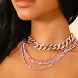 Necklace 2-Pcs Gold-Tone and Multicolored Choker